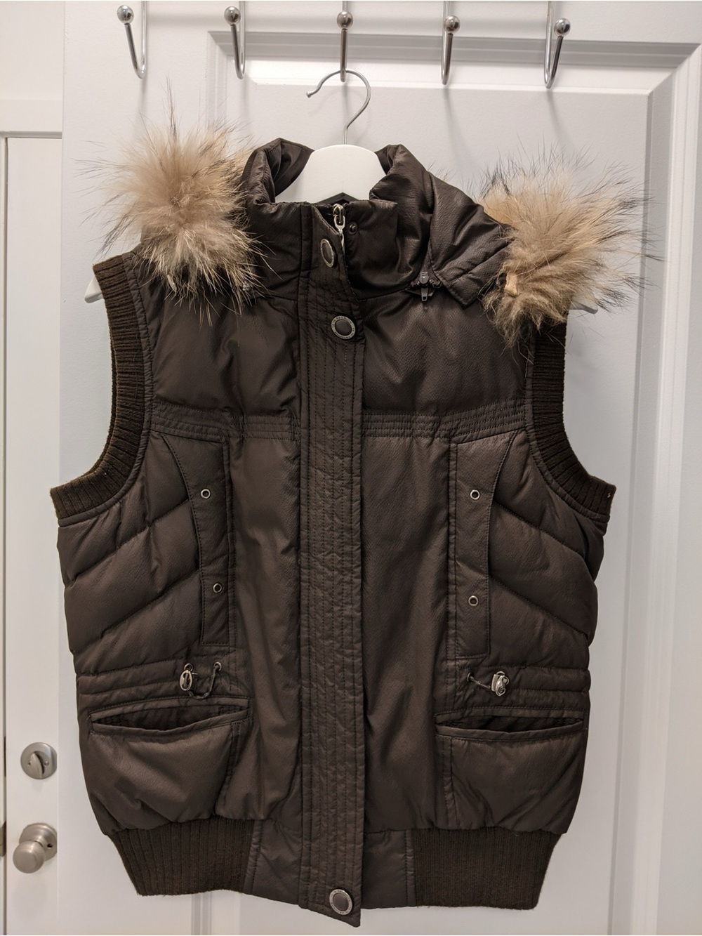 Brown Puffer Vest with Faux Fur Hood
